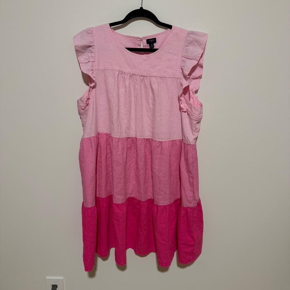 J.Crew Pink Colorblock Linen Blend Ruffle Sleeve Tiered Mini Dress 18